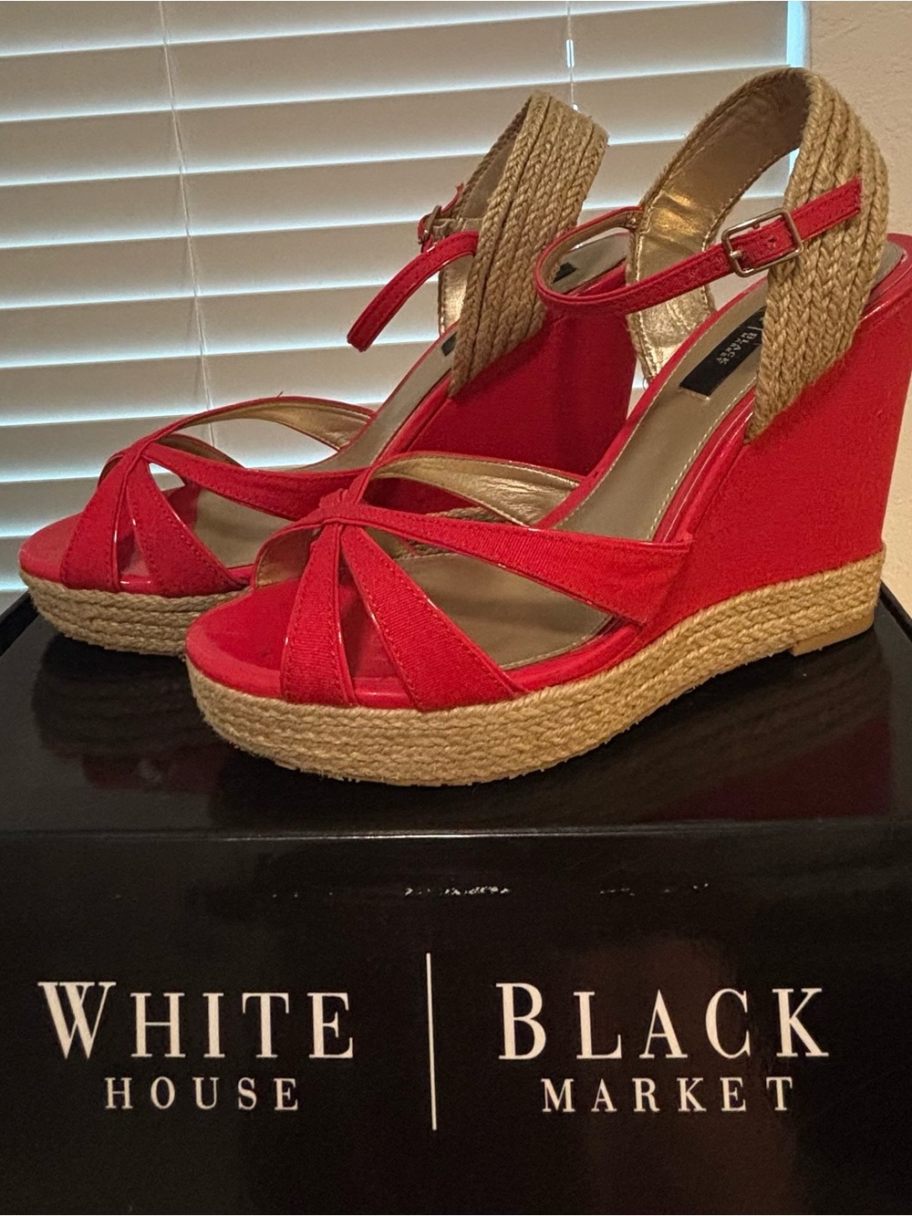 White House Black Market Red Espadrille Wedges with Braided Jute